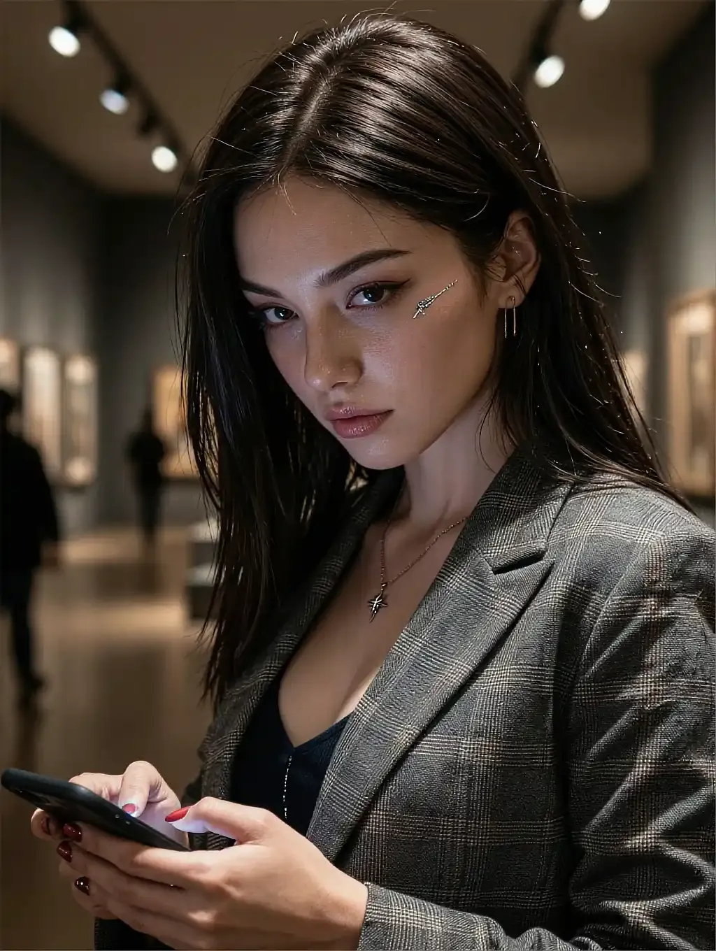 Fictional AI character in a checked blazer reading her phone on a night street