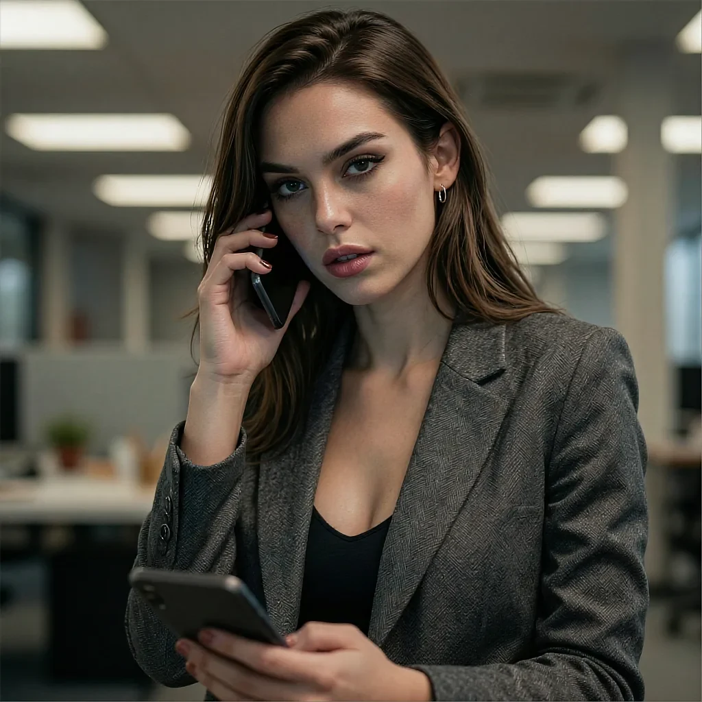 Line thumbnail: fictional AI character taking a call in a grey blazer