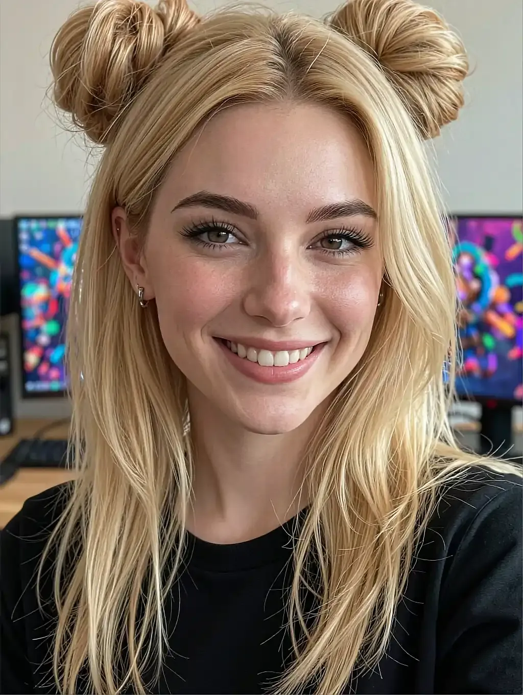 Fictional AI character with blonde space buns laughing in front of a gaming rig