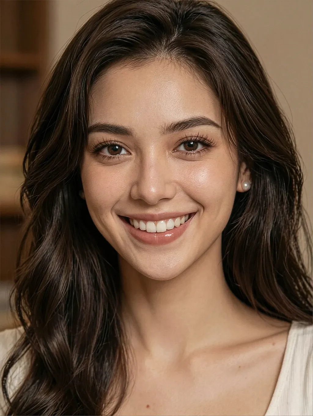 Fictional AI character with long brown hair smiling in soft daylight