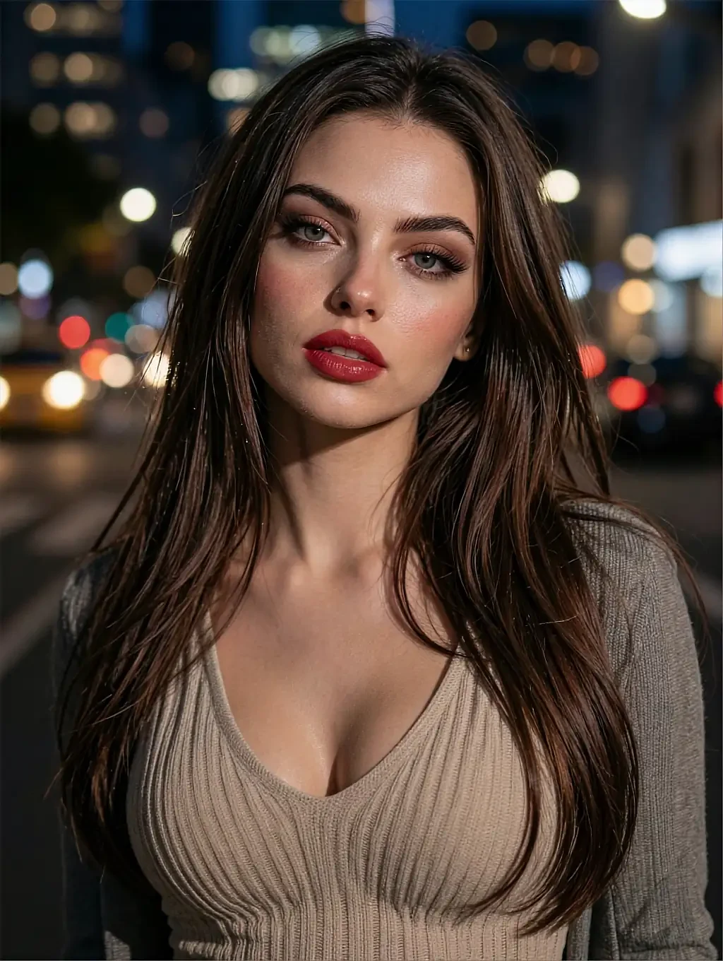 Subscriber card: fictional AI character in a ribbed knit top with red lipstick