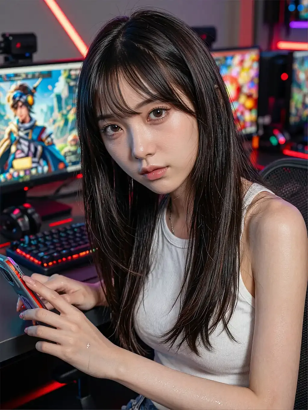 Fictional AI character in a white tank at a gaming desk, phone in hand