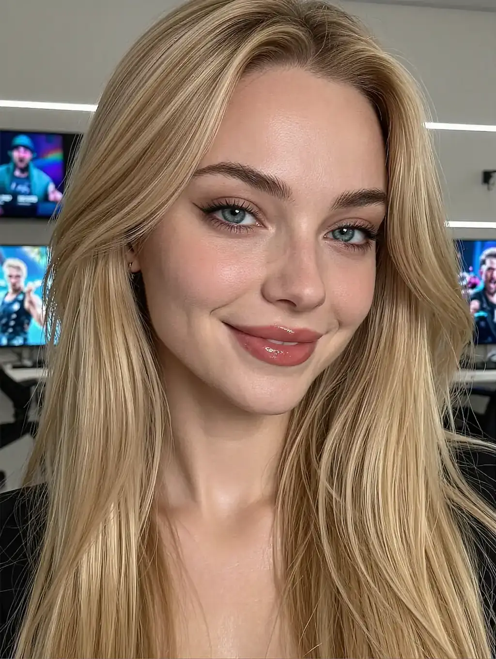 Fictional AI character with long blonde hair smiling under neon light
