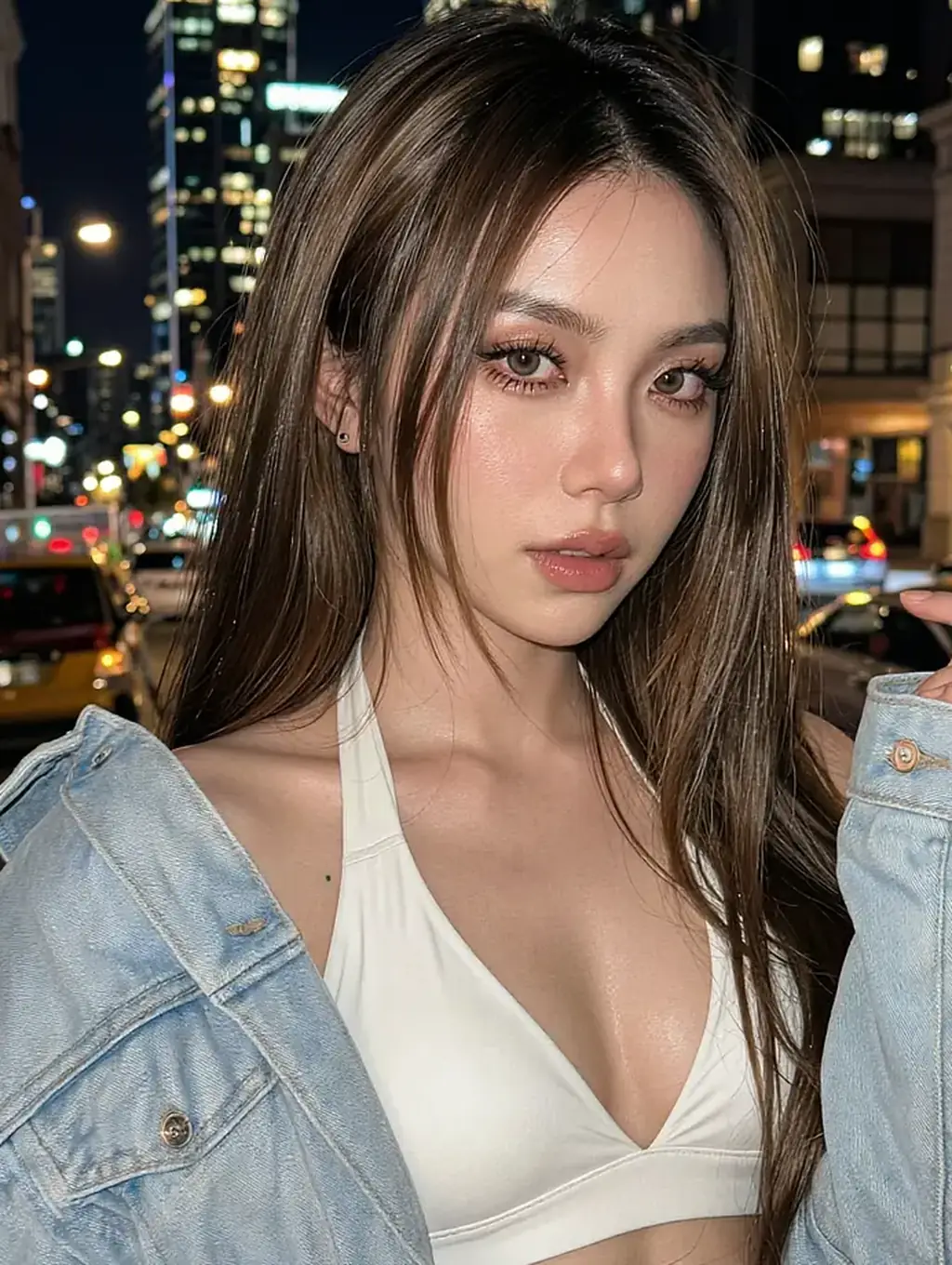 Fictional AI character in a denim jacket with the night city behind her