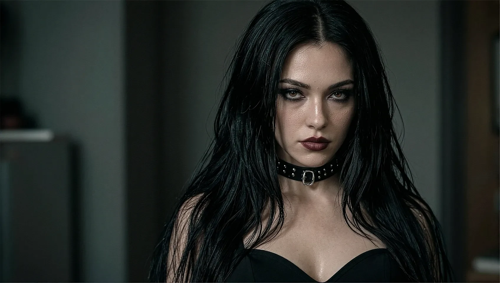 Share card: fictional AI character in a studded choker, dark hair against black